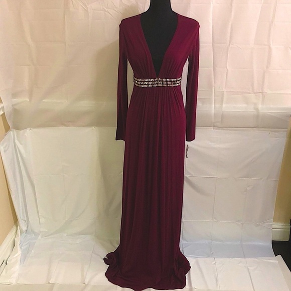 SKY Low-cut V-neck Long Sleeve Maxi Dress Burgundy Size XS - Picture 1 of 9